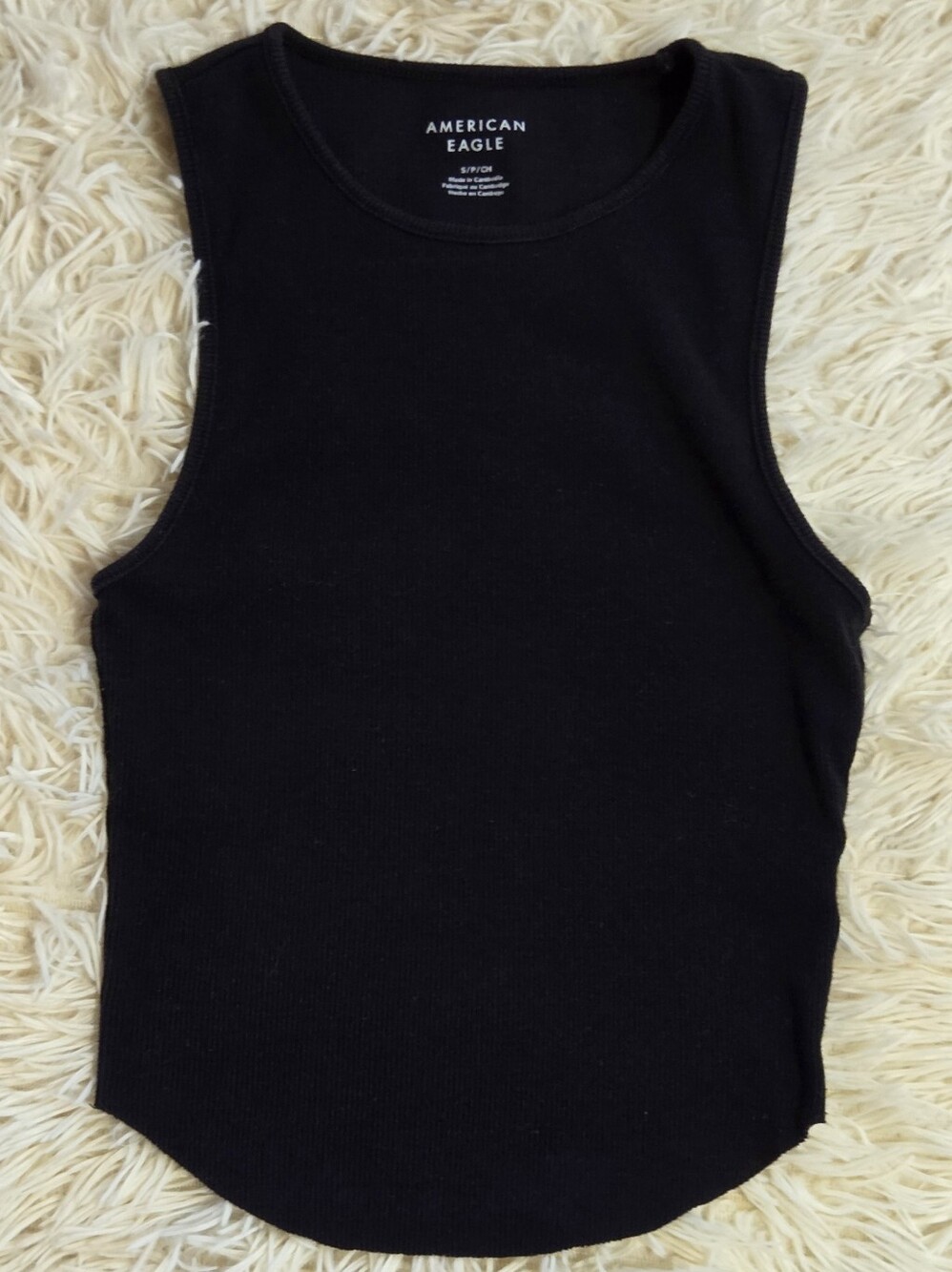 American Eagle Womens Black High Neck Ribbed Tank Top Small Curved Hem Sleeveles